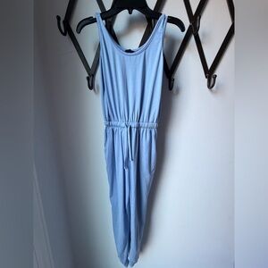 Girls Light Blue Sleeveless Drawstring Jumpsuit